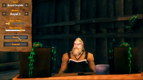 Valheim update - A blonde character sits at a barber table, with a menu visible allowing changes to their hair style and colour