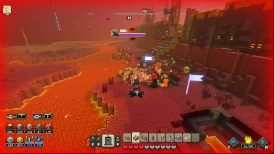 Minecraft Legends Lapis Lazuli - the player is fighting against a horde of Piglins outside the Piglin base.