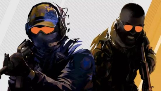 Two soldiers, one in combat gear and the other in shades, stand on an orange and white background