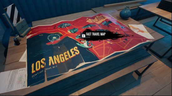 A Dead Island 2 fast travel map sits on the table in the Blue Crab Bar and Grill.