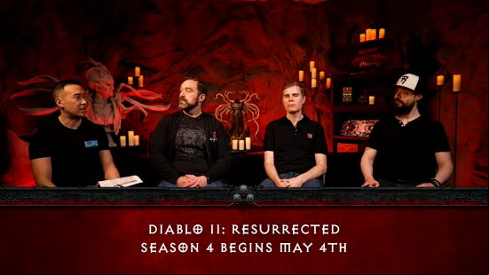 Diablo 2 Resurrected season 4 - Blizzard's Adam Fletcher, Joseph Piepiora, Joe Shely, and Diablo streamer Rhykker sit together. A sign reads, "Diablo 2: Resurrected season 4 begins May 4th."