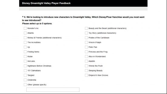 Disney Dreamlight Valley survey - "We're looking to introduce new characters to Dreamlight Valley. Which Disney/Pixar franchise would you most want to see introduced