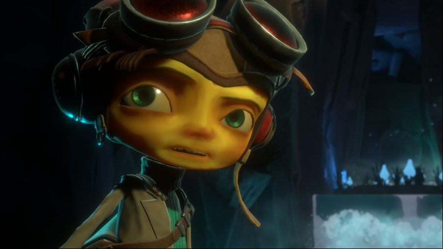 Psychonauts 2 hero Raz, a young man wearing large red flight goggles