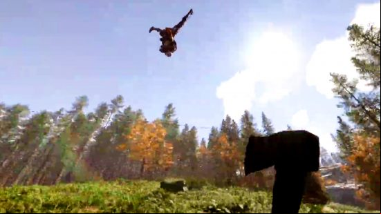 Sons of the Forest patch 3 - an enemy is flung high into the air by a spring trap, spinning upside-down as they soar over the treetops