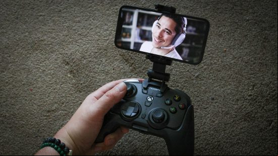 The Moga XP Ultra PC controller being used with a smartphone