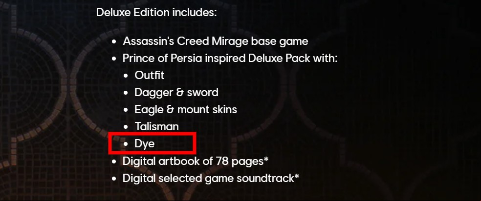 Assassin's Creed Mirage brings back a feature we've missed for years: A screenshot from the Assassin's Creed Mirage Deluxe Edition highlight the inclusion of dye