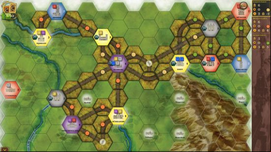 Railway tracks make up of hexagonal tiles in one of the best train games, Steam: Rails To Riches.