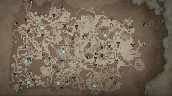 An old browned map detailing the locations of fast travel points in Diablo 4 Fractured Peaks.