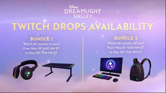 Image shows the latest Dreamlight Valley Twitch Drops, an RGB headset, RBG gaming desk, RBG gaming PC, and RGB backpack, as well as how to earn them.
