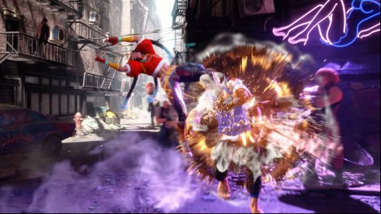 Street Fighter 6 Kimberly is propelling herself off Luke with an Arc Step.