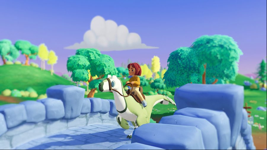 A girl riding a green dinosaur across a stone bridge