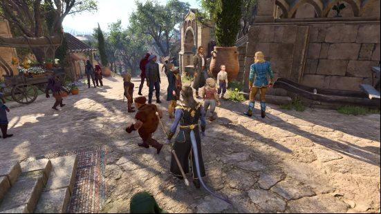 A town square full of people of different races, all with their own Baldur's Gate 3 traits.
