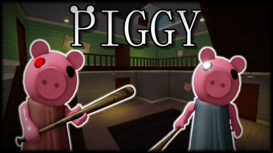 Two pigs stand with baseball bats in their hands, one wears a blue dress and one wears a brown dress in one of the best Roblox games, Piggy.