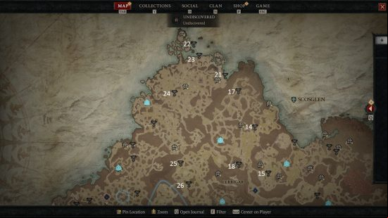 Diablo 4 altar of lilith locations in Scosglen numbered