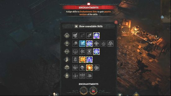 The sorcerer skills list, showing two Diablo 4 enchantment slots, and the icons of every skill available.