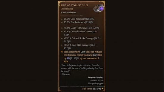 Diablo 4 Ring of Starless Skies statistics page