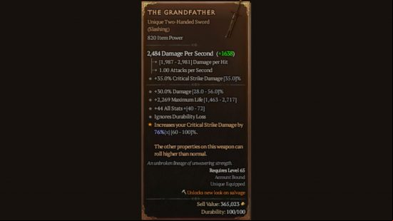 Diablo 4 The Grandfather stat screen showing its unique status and item power