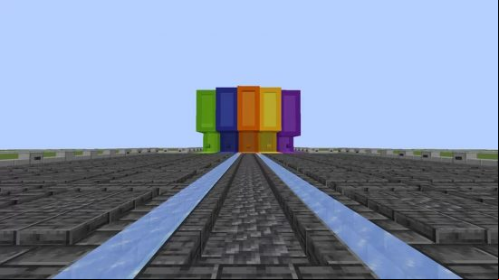 A pathway into DonutSMP, one of the best Minecraft servers, with five colored pillars at the end.