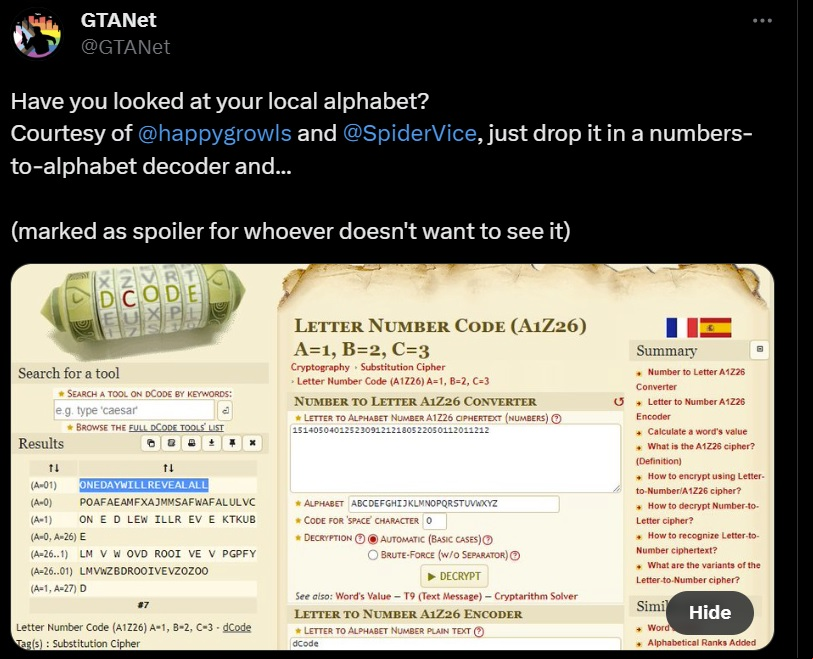 GTA 5 update teases GTA 6: A tweet showing a decoded message from the new GTA 5 update 
