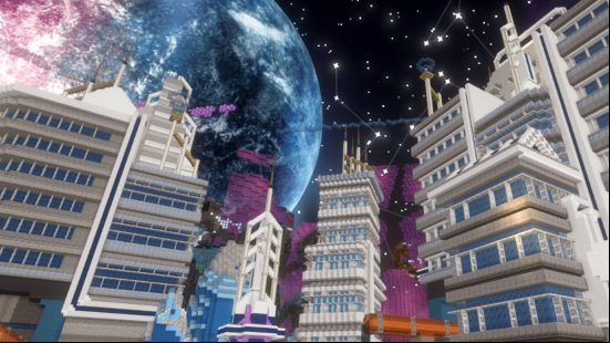 A horizon of Minecraft skyscraper buildings one a backdrop of a realistic sky in one of the best Minecraft servers, Vortex Network.