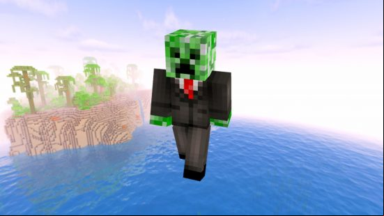 Minecraft skins: A creeper Minecraft skin, true to the normal creeper model, aside from the fact that it is wearing a black suit, white shirt, and red tie.