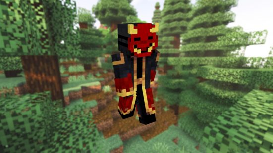 Best Minecraft skins: a red demon skin, with a classic Japanese Oni style, over the backdrop of a Minecraft taiga biome.