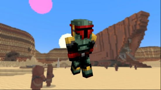 A Boba Fett Minecraft skin in front of a backdrop of Minecraft Tatooine, from the Star Wars mash up DLC.