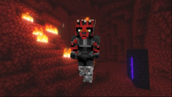 A player wearing a Darth Maul Minecraft skin stands in the Nether.