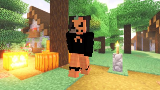 Best Minecraft skins: A player stands in a taiga village surrounded by pumpkins wearing a cool Halloween skin, featuring a half pumpkin mask, and matching orange pants, with a black top.