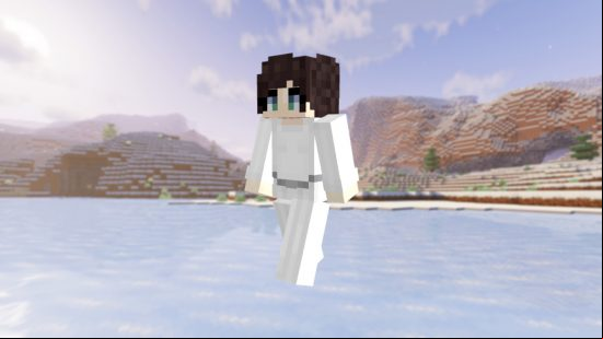 A player dressed in a Princess Leia Minecraft skin, wearing her iconic white dress and buns.