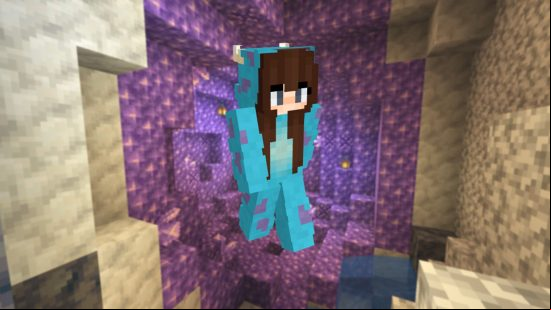 A girl in a blue and purple Sully Disney onesie Minecraft skin in front of a backdrop of an amethyst cluster.
