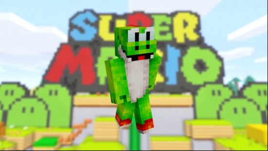 A bright green Yoshi Minecraft skin stands in front of the entrance to the Super Mario world in the Minecraft DLC.