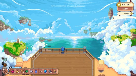 Moonstone Island features some beautiful views including this one on a harbor overlooking the ocean and clouds.