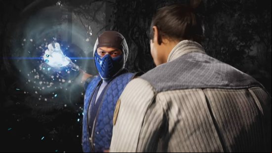 The classic Sub-Zero is one of the special Mortal Kombat 1 characters that acts as a Kameo fighter. Here he's freezing his hand, ready to yank Kung Lao's head from his shoulders.