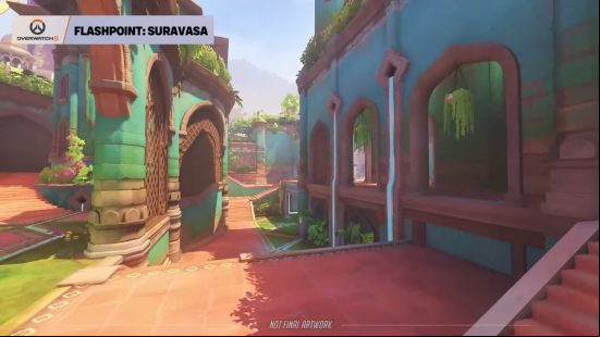 Overwatch 2 Flashpoint map Suravasa - teal buildings and paved streets filled with greenery and water features.