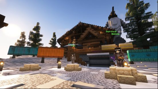 A snowy biome with a large penguin build and a wooden villa in one of the best Minecraft servers, Penguin.gg,