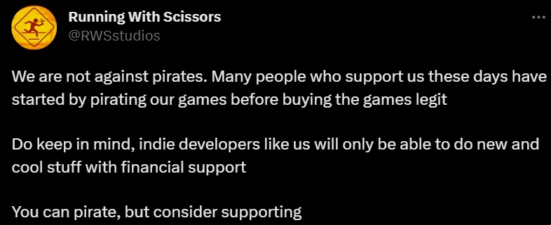 Postal piracy: A tweet from Postal 2 and FPS game developer Running With Scissors discussing videogame piracy