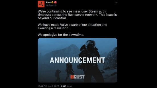 Rust downtime - tweet from Facepunch games: "We're continuing to see mass  Steam auth timeouts across the Rust server network. This issue is beyond our control. We have made Valve aware of our situation and awaiting a resolution. We apologize for the downtime."