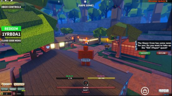 The Slayers Unleashed codes can now be redeemed in its own box rather than the chat. The anime warrior is standing on a roof in town.
