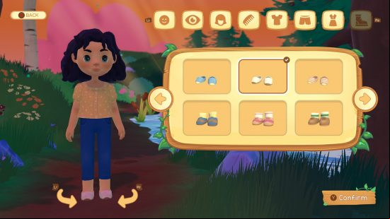 Paleo Pines features a character customization screen so I've made a dark-haired girl with yellow blouse and blue jeans.