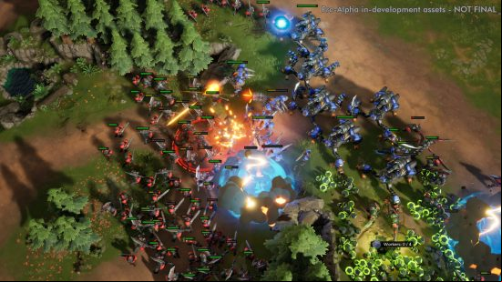 Stormgate multiplayer gameplay - a mass of red and blue Human resistance forces clash in the alleyway between two forests.