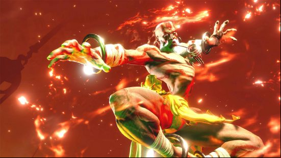 Street Fighter 6 tier list: Dhalsim is surrounded by the flames of Agni as he prepares to attack.