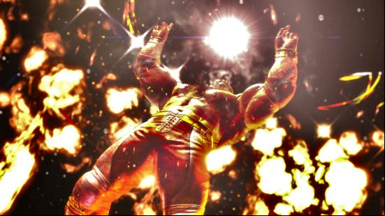 Zangief is pointing his fingers in the sky, as explosions erupt in the background, making his dramatic entrance on the scene in a bid for the top spot in the Street Fighter 6 tier list.