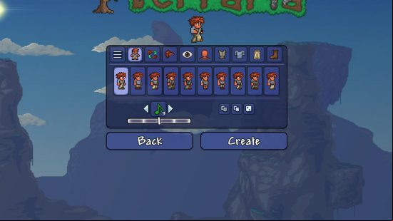 Terraria 1.4.5 update - the new character creation screen featuring a voice slider.