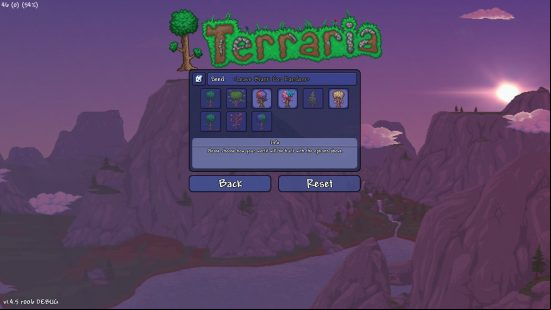 Terraria 1.4.5 update - the new secret seeds menu, with options for the various bonus seeds