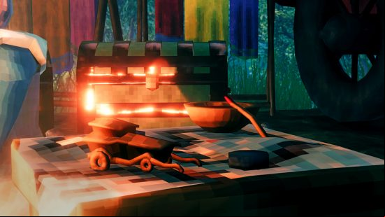 Valheim Hildir's Quest - a chest and tools resting on a table.