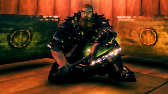 Valheim Hildir's Request - a character in a feathered cloak sits by two wooden chests.
