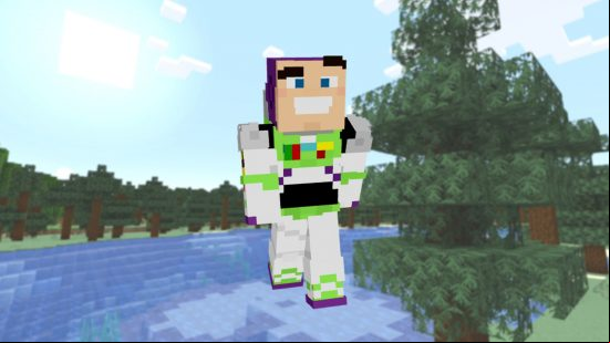 A Toy Story Buzz Lightyear skin on the backdrop of a taiga, with a spruce tree by his side.