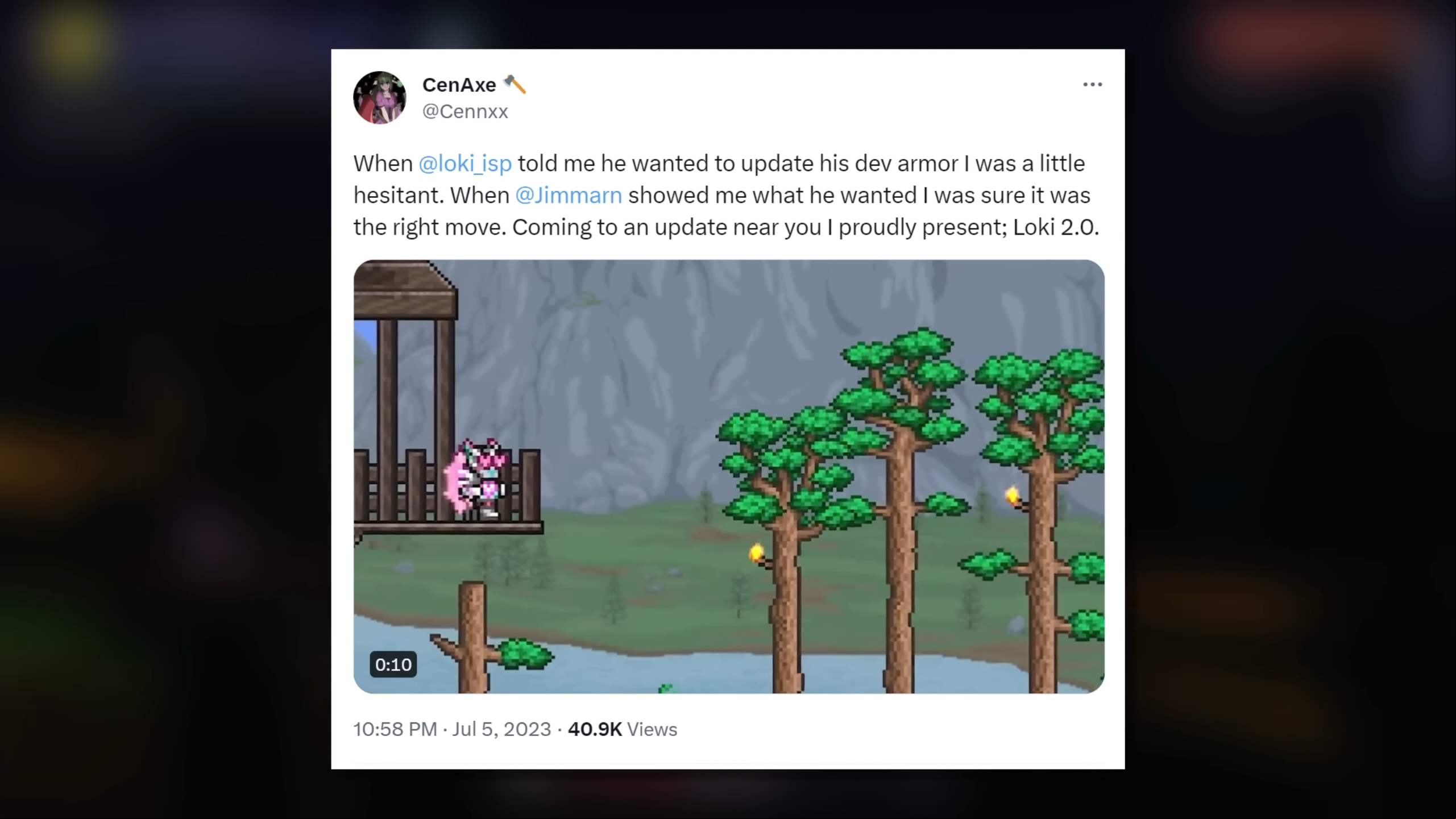 A Tweet from Cenx showing the special new dev armor