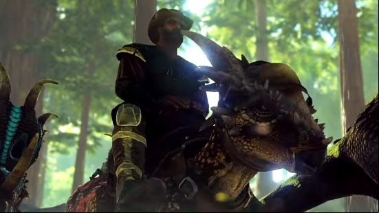 Ark Survival Ascended - a man rides a dinosaur through a forest.